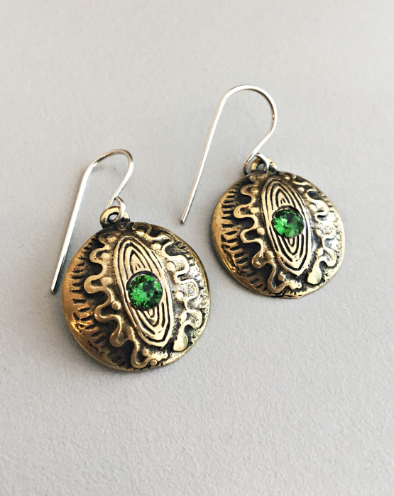 Bronze earrings &quot;Eye&quot; with green crystal 